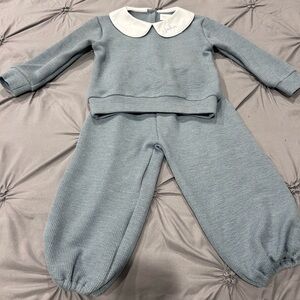 Blue Knit Outfit with White Collar